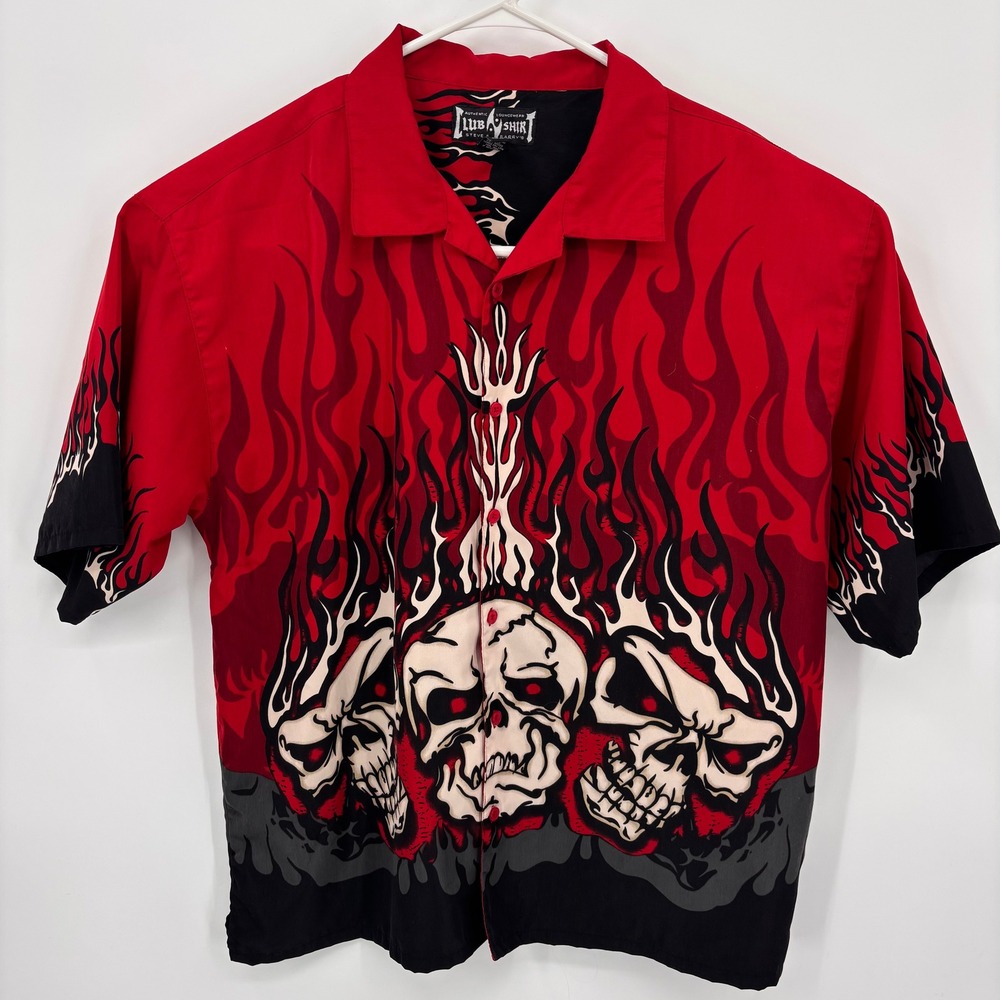 Steve & Barrys Club Shirt Mens XXXL Red Excellent Skull Flame Graphic Button Up